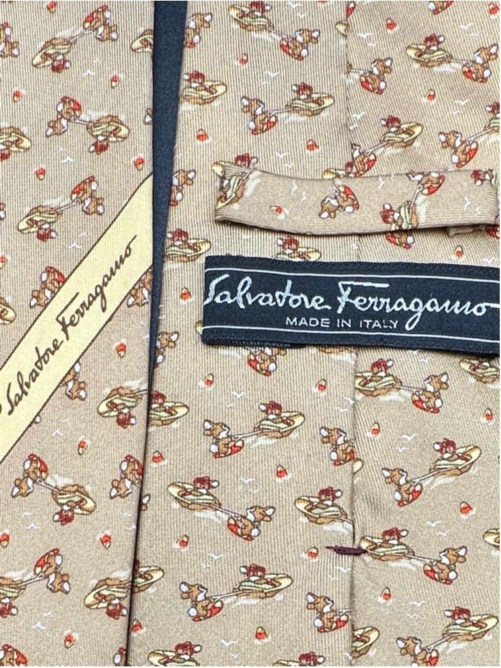 Salvatore Ferragamo Silk Tie Tan Brown Bunnies Driving a Boat Water Skiing - Picture 5 of 15